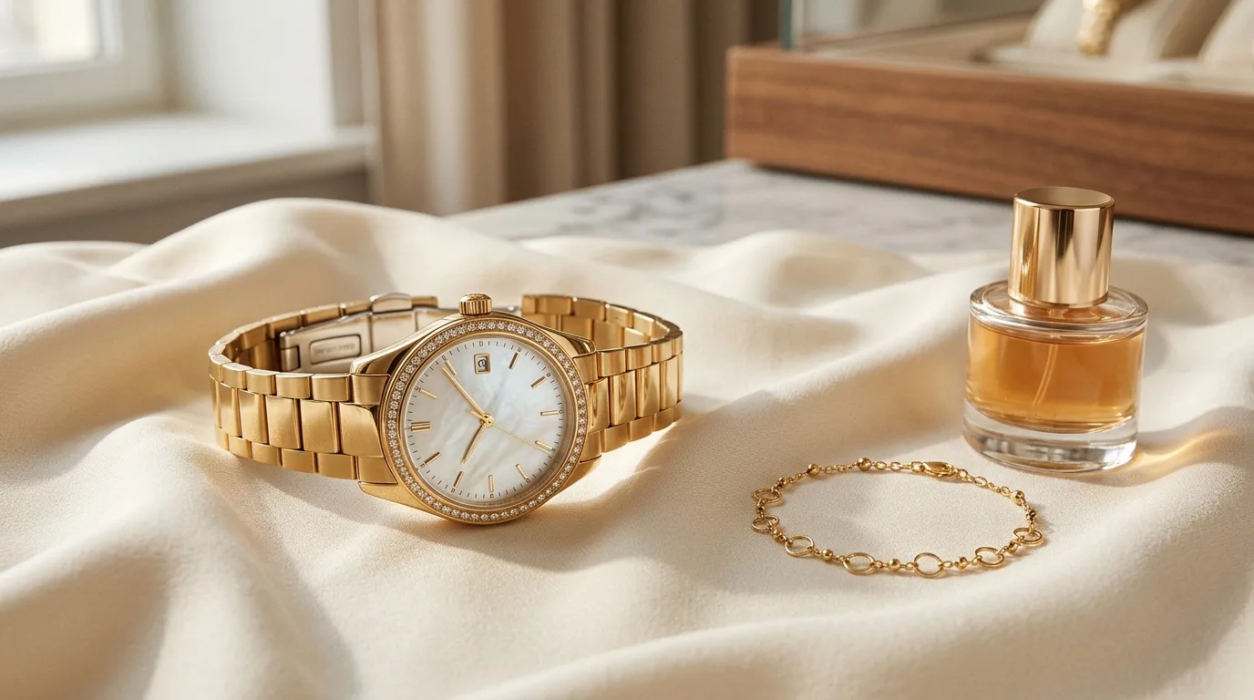 Montre Michael Kors femme dorée lunette cristaux cadran nacre, composition éditoriale - EuroMontres