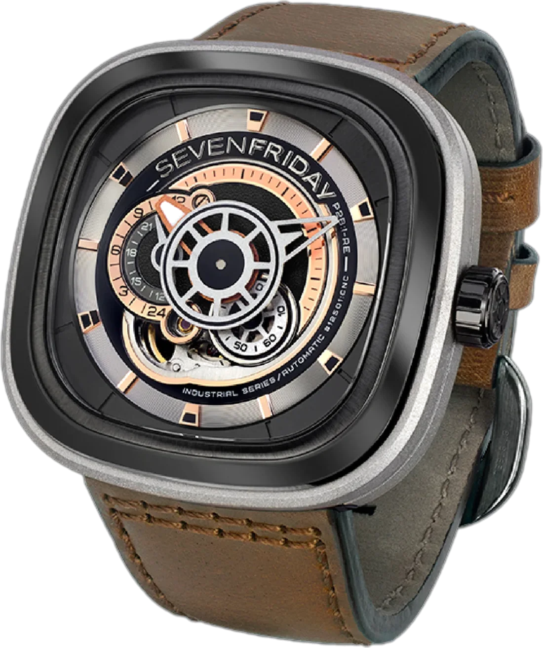 Montre Homme SEVENFRIDAY P-Series P2B/01 Automatique, Cadran Multicolore, Boîtier Argent 47mm, Bracelet Cuir Marron vue 2