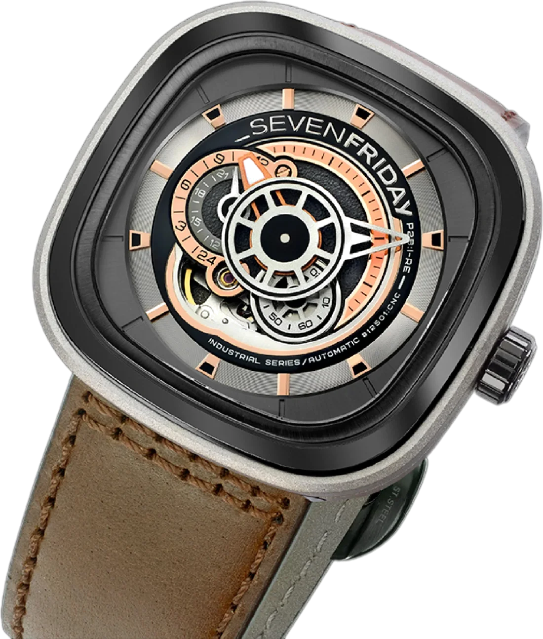 Montre Homme SEVENFRIDAY P-Series P2B/01 Automatique, Cadran Multicolore, Boîtier Argent 47mm, Bracelet Cuir Marron vue 4