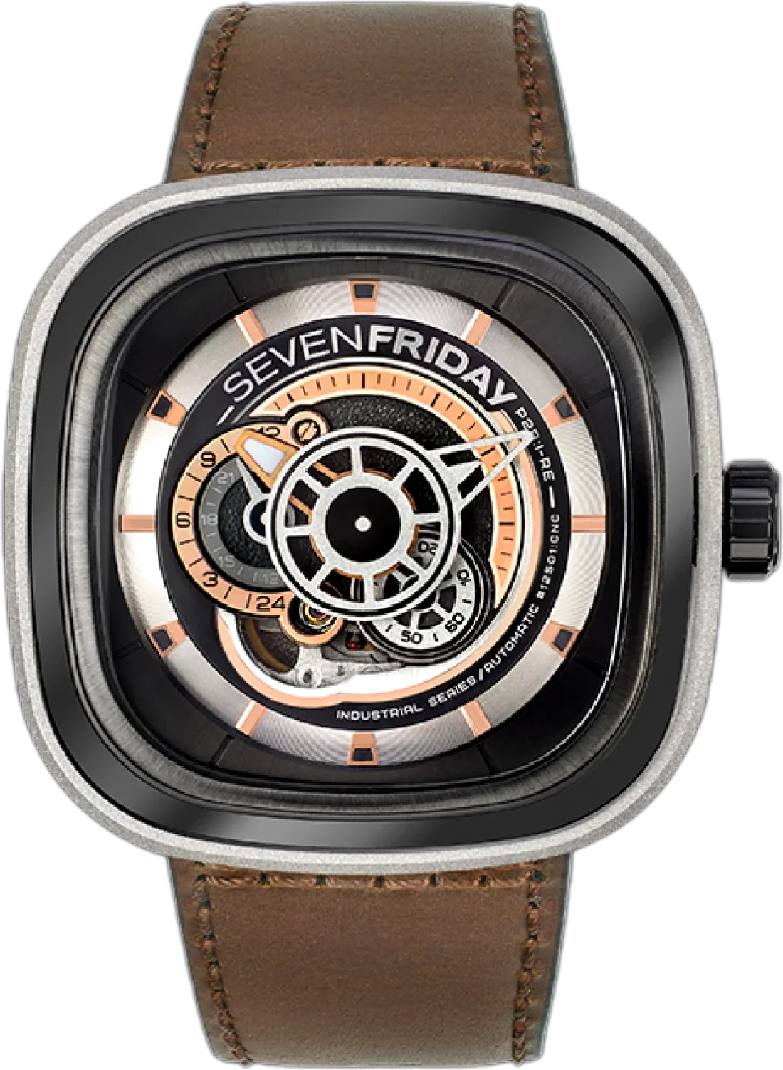 Montre Homme SEVENFRIDAY P-Series P2B/01 Automatique, Cadran Multicolore, Boîtier Argent 47mm, Bracelet Cuir Marron