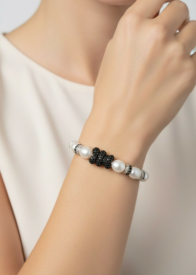 Bracelet APM Monaco Yummy Bear 112404 - Argent, Perles & Zirconiums Blancs/Noirs - Unisexe vue 2