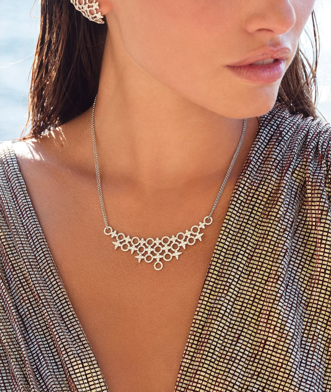 Collier APM Monaco ajustable double chaîne météorites et cercles en argent 925 vue 2