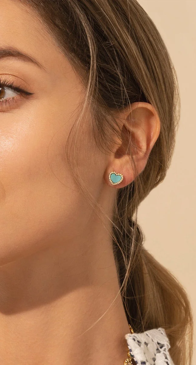 Boucles d'oreilles APM Monaco coeur bleu lagon plaqué or 18k vue 2