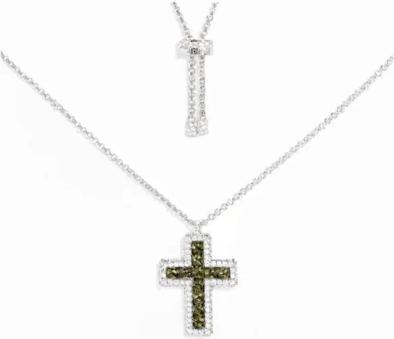 Collier Unisexe APM Monaco Croix en Argent 925 Pavé Vert Kaki Réf. AC7123XARG