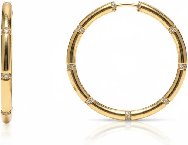 Boucles d'oreilles créoles Bambou APM Monaco plaquées or jaune 18 carats micropavées de cristaux - Réf. 112243