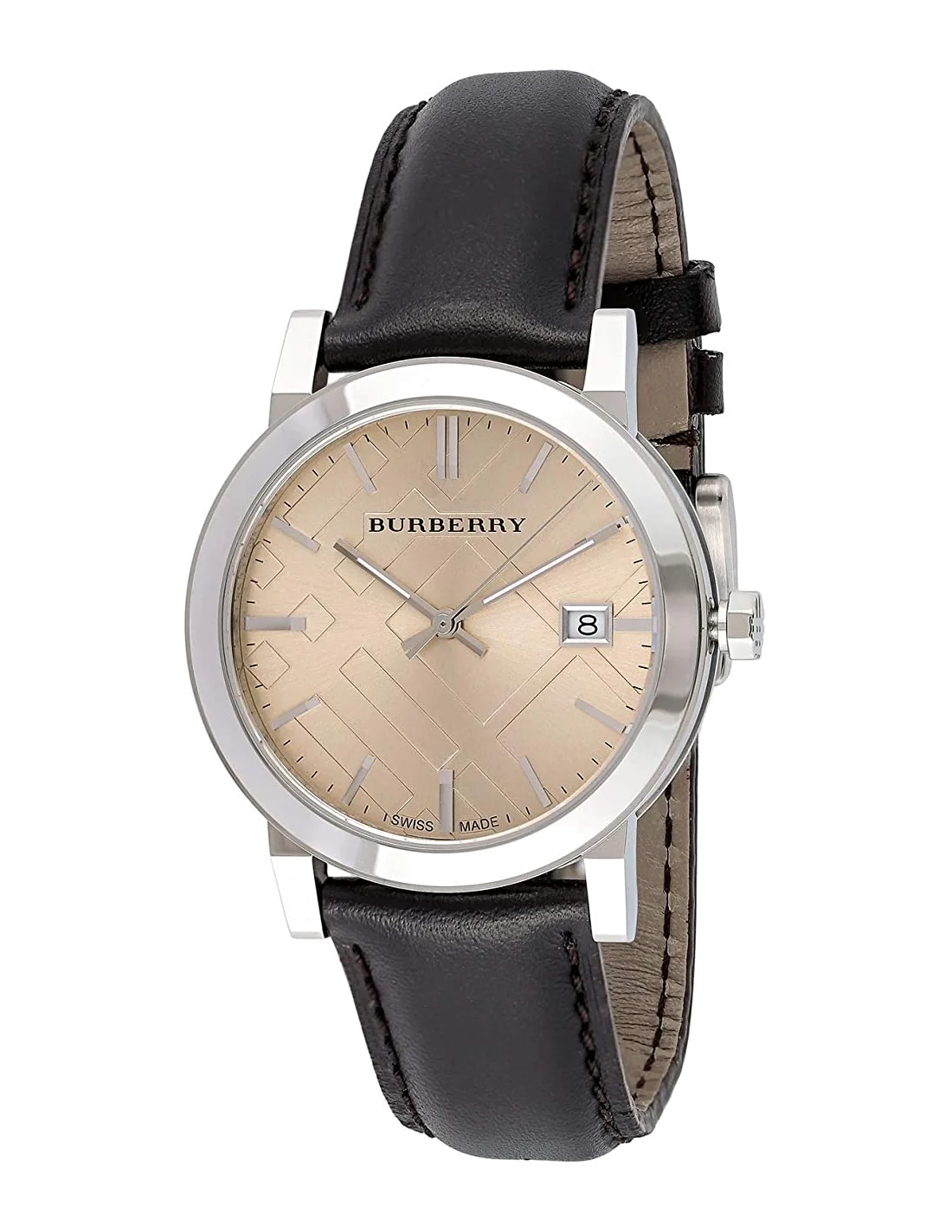 Montre Homme Burberry BU9011 Cadran Beige à Motifs Gravés et Bracelet Cuir Marron