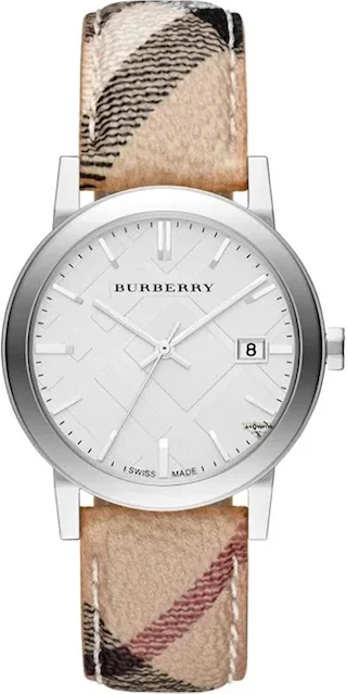 Montre Femme Burberry BU9025 The City Cadran Argenté Bracelet Cuir Beige Monogramme
