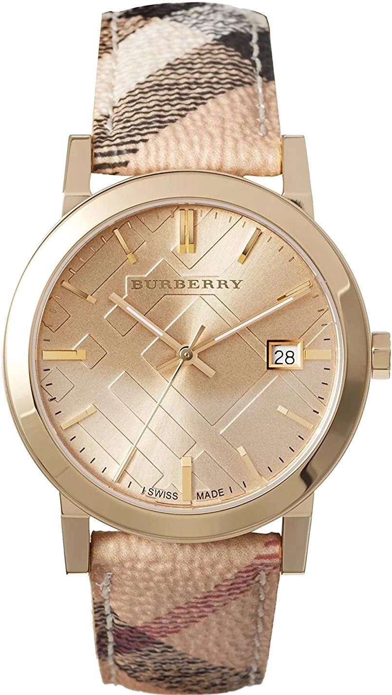 Montre Femme Burberry BU9026 The City - Cadran Argenté à Motif Check, Boîtier Doré et Bracelet Cuir Noir