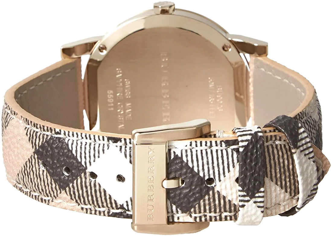 Montre Femme Burberry BU9026 The City - Cadran Argenté à Motif Check, Boîtier Doré et Bracelet Cuir Noir vue 4