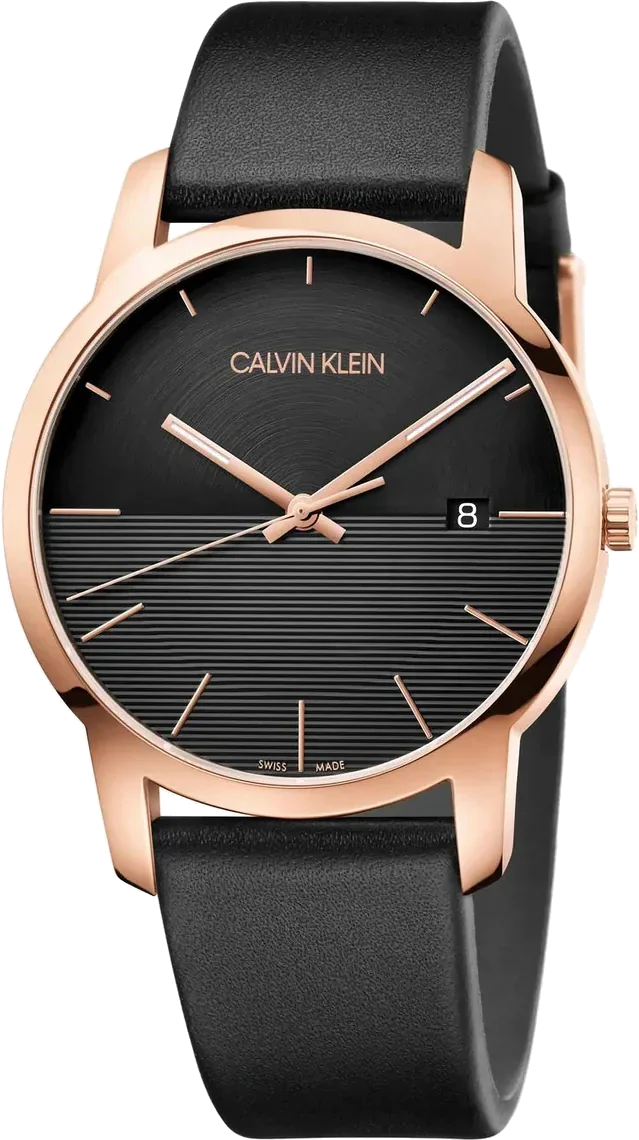 Montre Homme Calvin Klein City K2G2G6CZ - Cadran Noir, Boîtier Or Rose, Bracelet Cuir