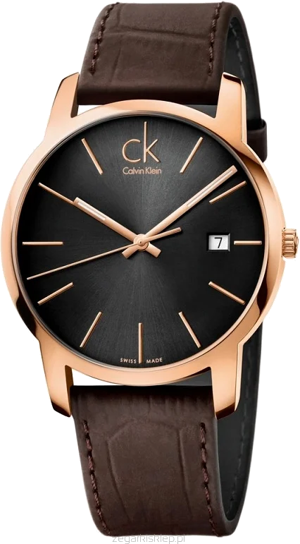 Montre Homme Calvin Klein City K2G2G6G3 - Cadran Noir, Boîtier Or Rose, Bracelet Cuir Marron