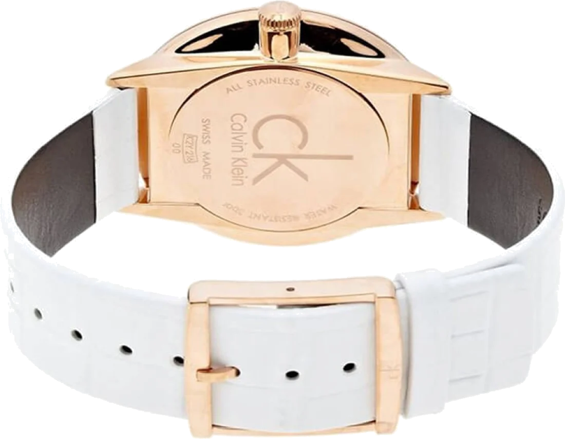 Montre Femme Calvin Klein K2Y216K6 Cadran Argent Boîtier Or Rose Bracelet Cuir Blanc vue 3