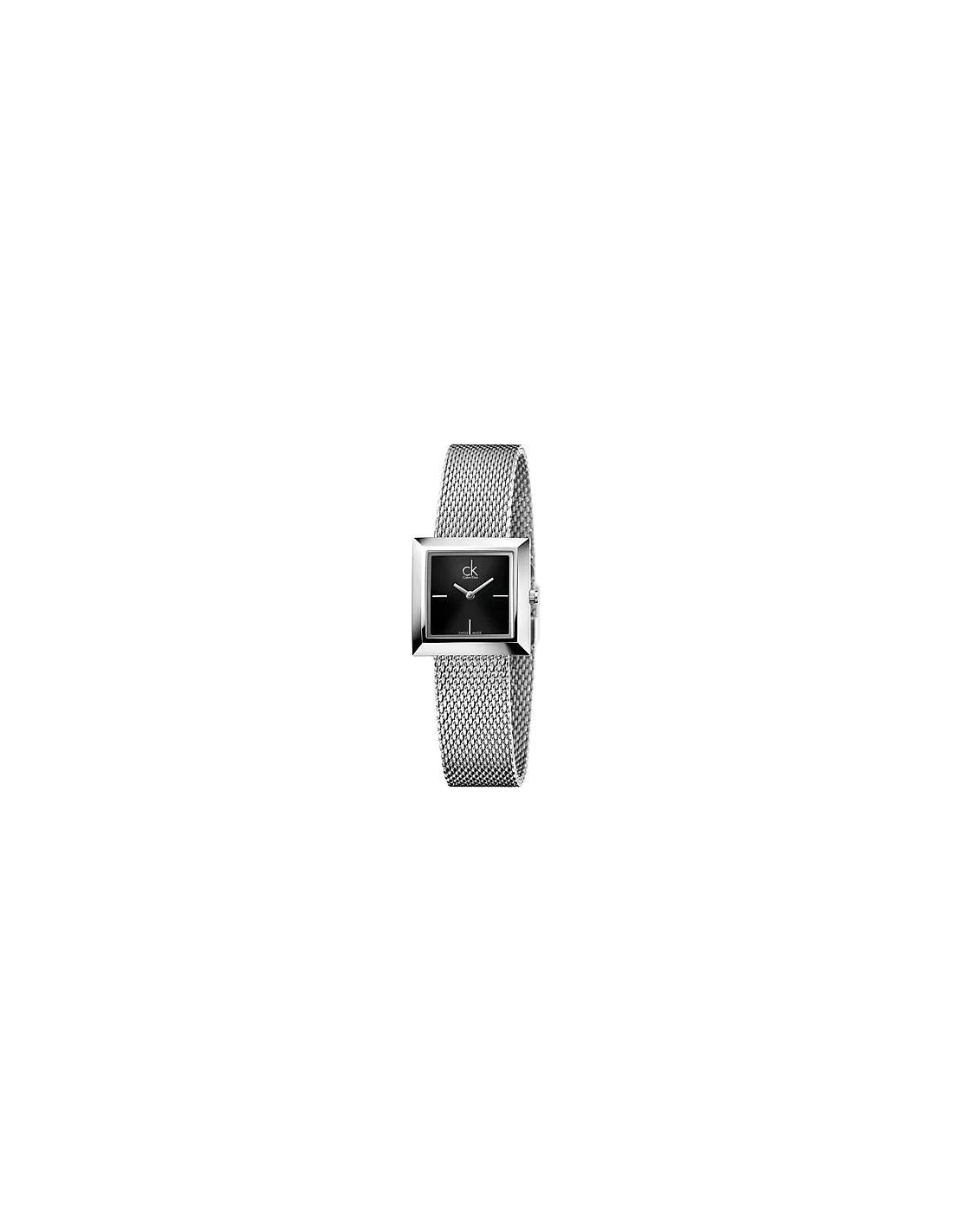 Montre Femme Calvin Klein K3R23121 Cadran Rectangulaire Noir Maille Milanaise Argent Swiss Made