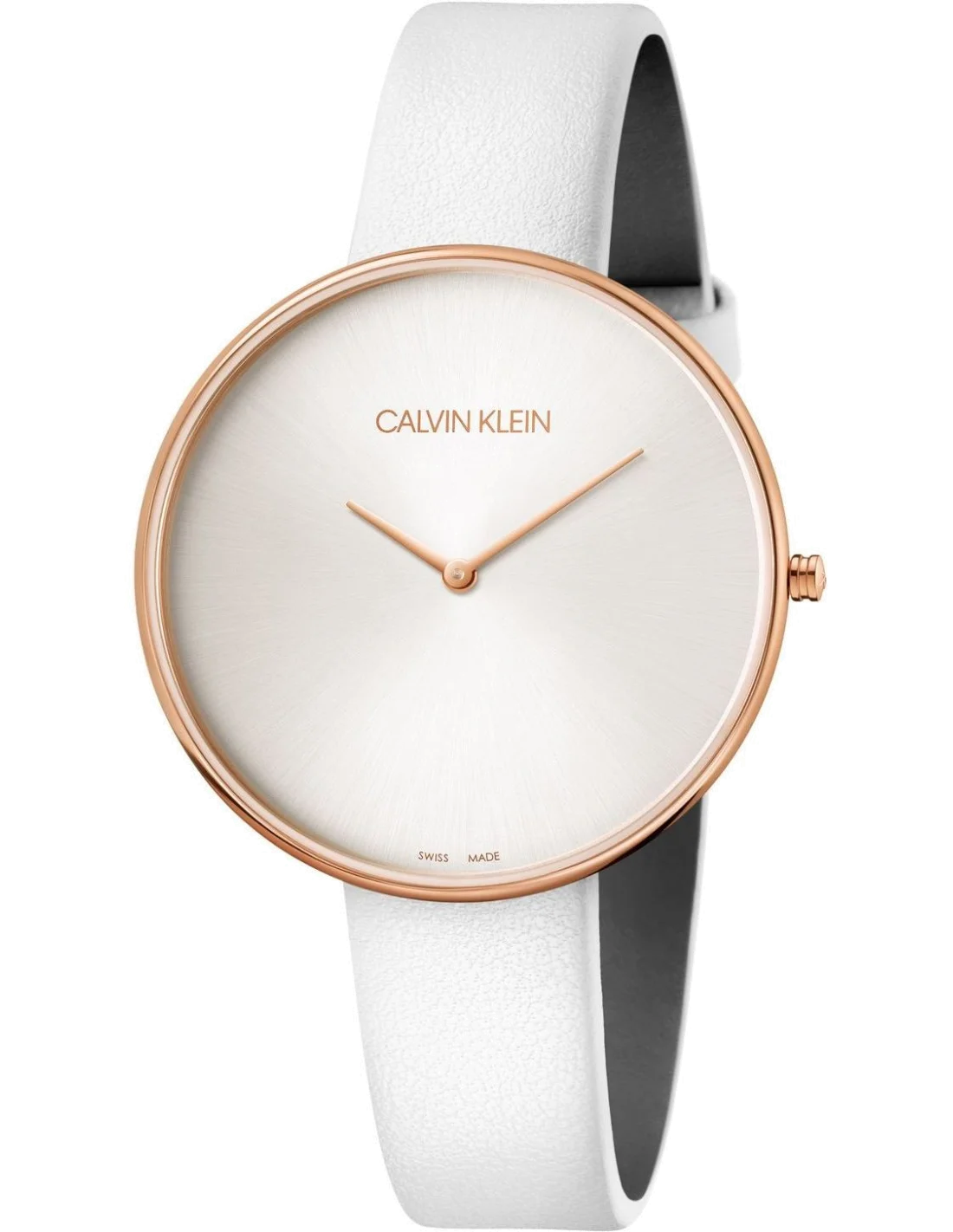 Montre Calvin Klein Full Moon K8Y236L6 pour Femme, Cadran Blanc, Boîtier Or Rose, Bracelet Cuir Blanc