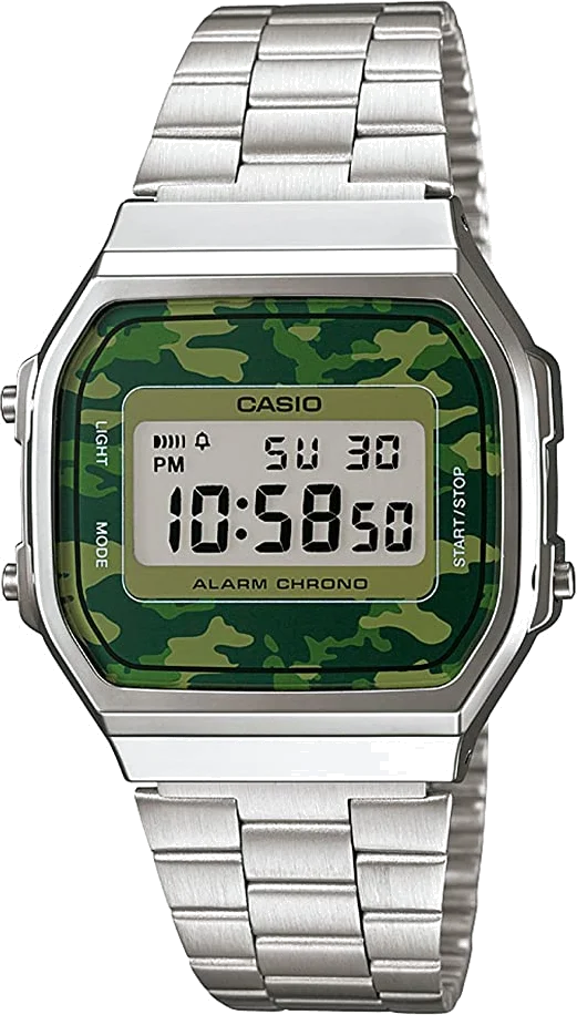 Montre Casio Vintage A168WEC-3EF Cadran Digital Camouflage Vert, Bracelet Métal Unisexe