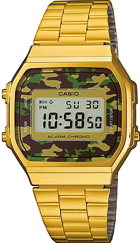 Montre Casio Vintage A168WEGC-3EF - Boîtier Or & Cadran Digital Camouflage Vert Militaire - Unisexe