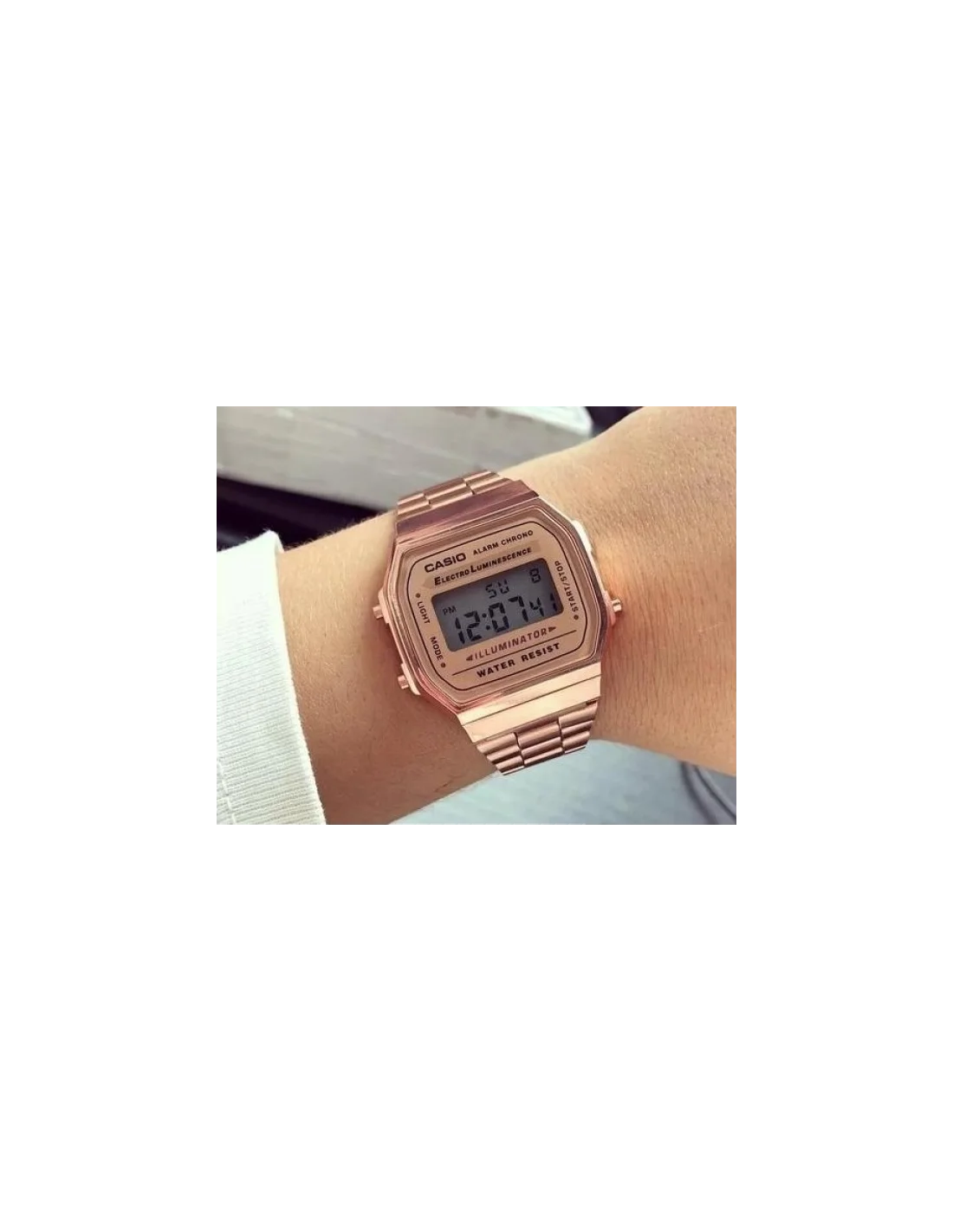 Montre Casio Vintage A168WG-5DF pour Femme, Cadran Rectangulaire Gris et Bracelet Acier Or Rose vue 3