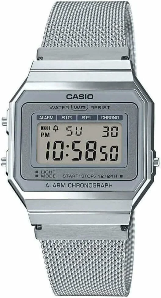 Montre Casio A700WEM-7AEF Vintage - Cadran digital gris, bracelet maille milanaise argent - Unisexe