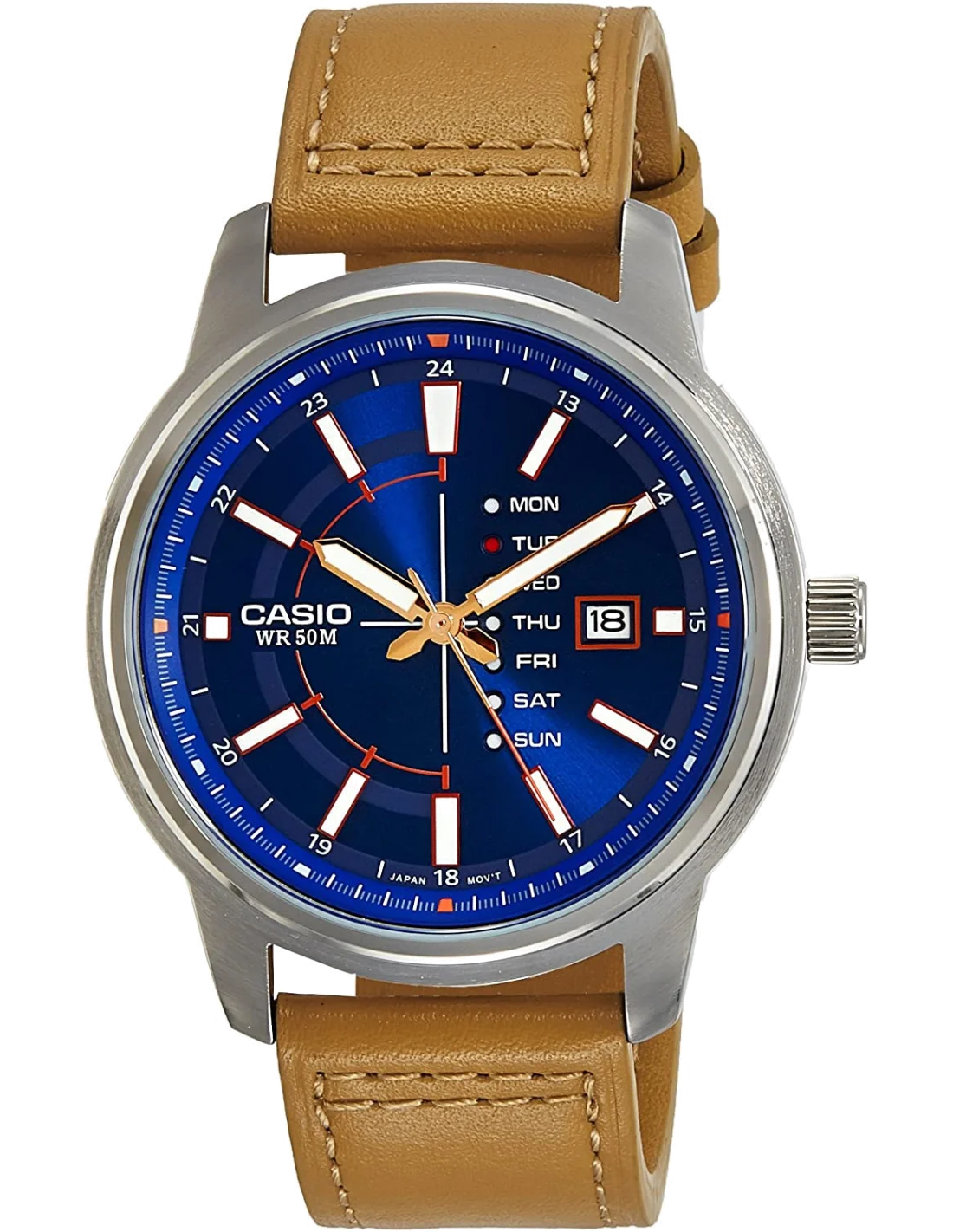 Montre Homme Casio MTP-E128L-2A2V Cadran Bleu Acier et Bracelet Cuir Brun