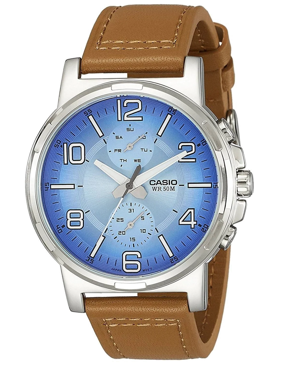 Montre Homme Casio MTP-E313L-2B2V - Cadran Bleu, Boîtier Acier et Bracelet Cuir Brun