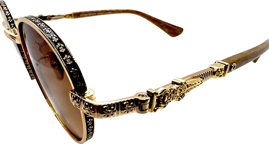 Lunettes de soleil Chrome Hearts Réf. 110033 - Monture ronde métal doré, verres marron minéraux - Unisexe vue 4