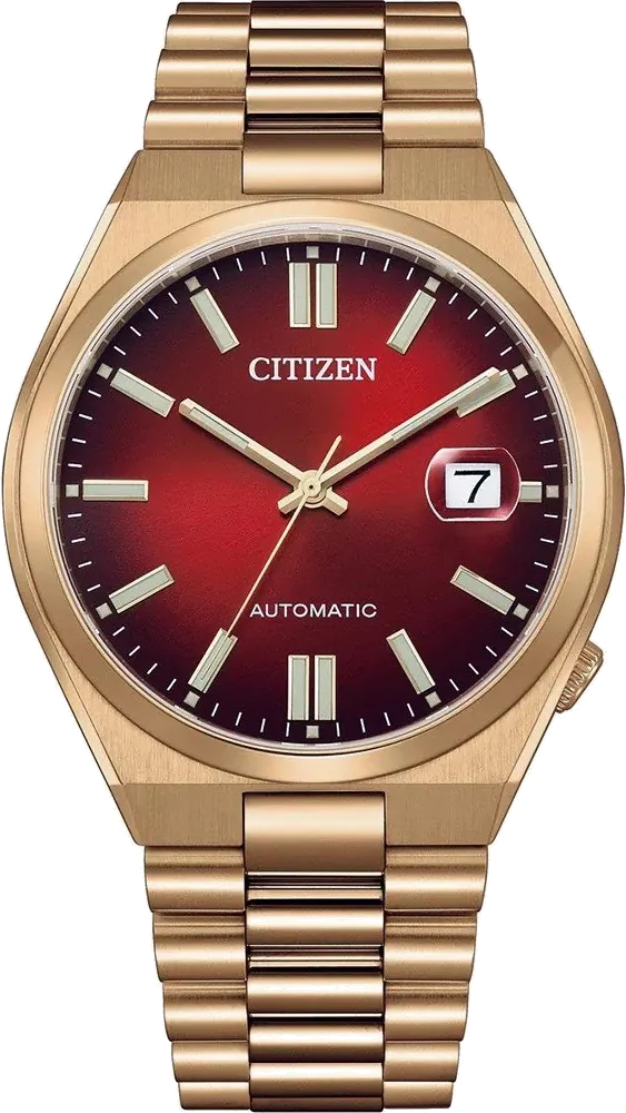Montre Citizen Automatique NJ0153-82X - Cadran Rouge Soleillé, Boîtier et Bracelet Or Rose Acier