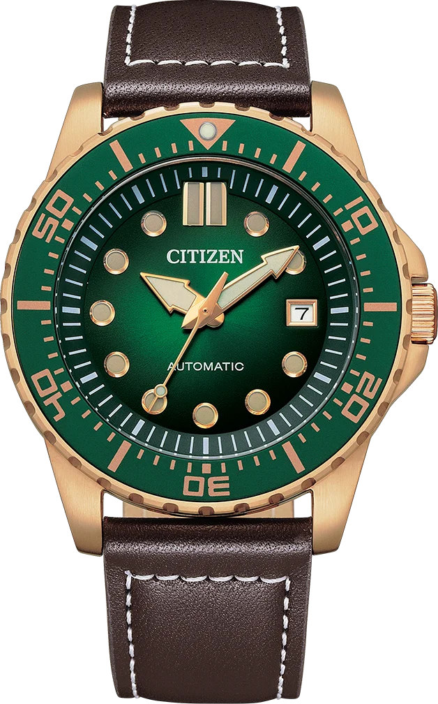 Montre Citizen Automatique NJ0173-18X Homme - Cadran Vert Soleillé, Boîtier Or Rose, Bracelet Cuir Marron