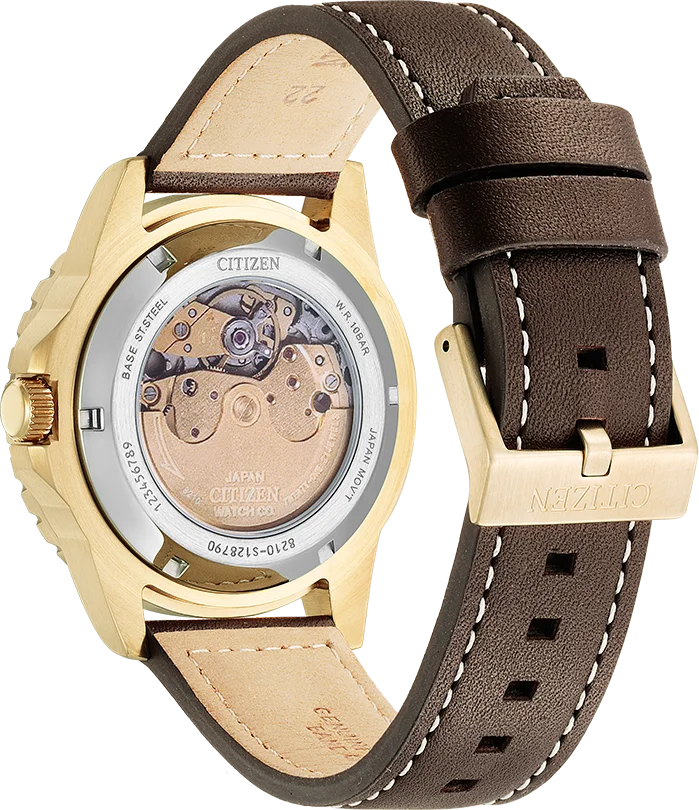 Montre Citizen Automatique NJ0173-18X Homme - Cadran Vert Soleillé, Boîtier Or Rose, Bracelet Cuir Marron vue 2