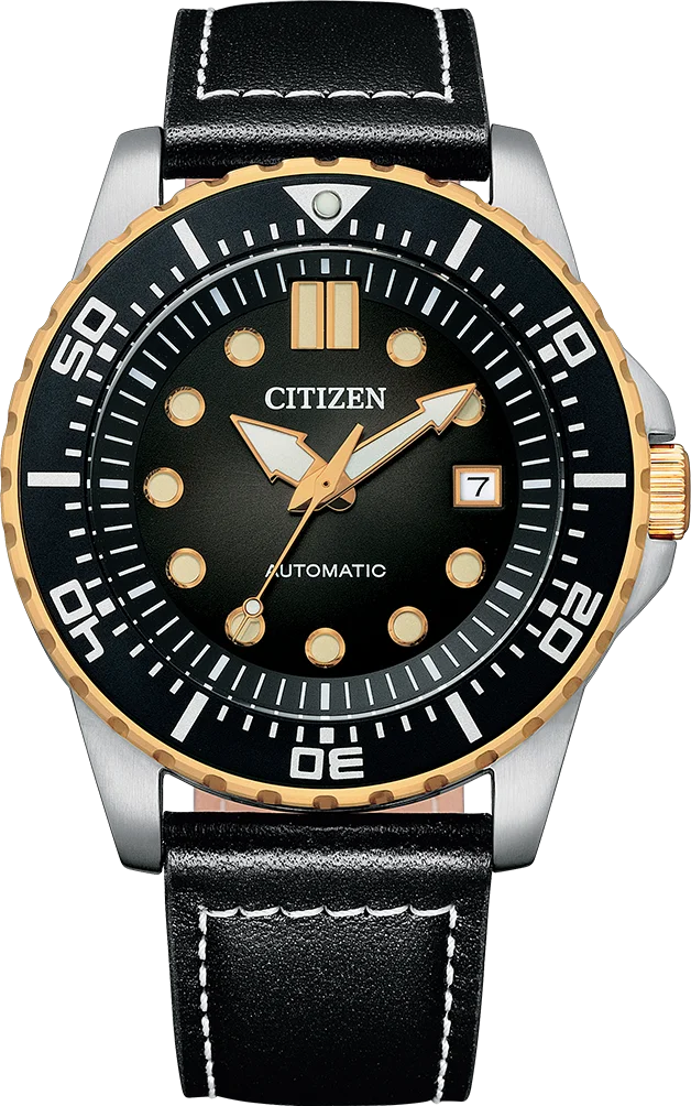 Montre Citizen NJ0176-10E Automatique Homme - Cadran Noir, Boîtier Or Rose, Bracelet Cuir