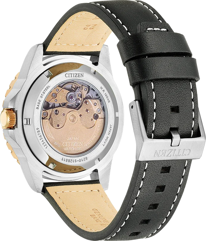 Montre Citizen NJ0176-10E Automatique Homme - Cadran Noir, Boîtier Or Rose, Bracelet Cuir vue 2