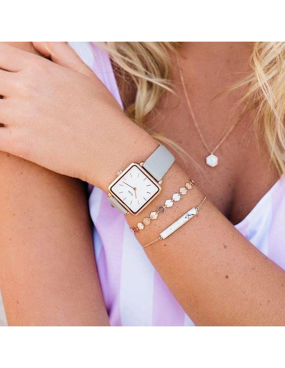 Montre Femme Cluse La Tétragone CL60005 - Cadran carré blanc, bracelet cuir gris, boîtier or rose vue 4