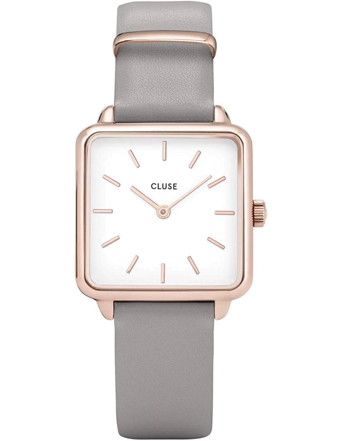 Montre Femme Cluse La Tétragone CL60005 - Cadran carré blanc, bracelet cuir gris, boîtier or rose