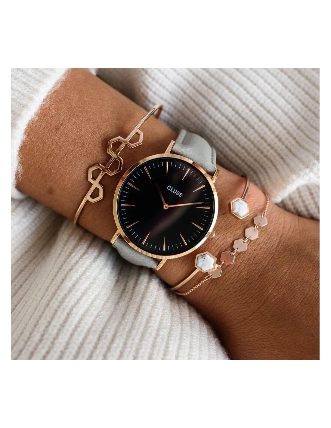 Montre Femme Cluse La Bohème CL18018 - Cadran Noir, Boîtier Or Rose, Bracelet Cuir Gris vue 3