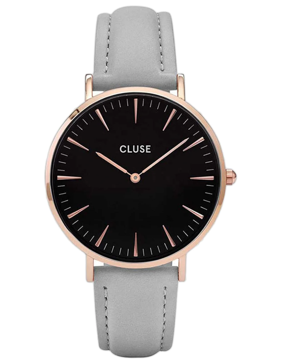 Montre Femme Cluse La Bohème CL18018 - Cadran Noir, Boîtier Or Rose, Bracelet Cuir Gris