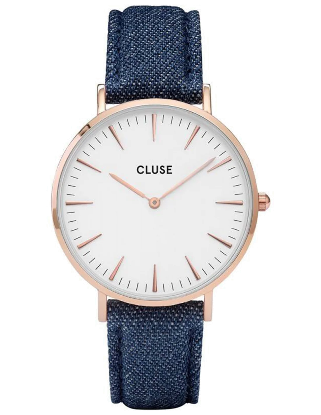 Montre Femme et Homme Cluse La Bohème CL18025 - Cadran Blanc, Boîtier Or Rose, Bracelet Denim Bleu