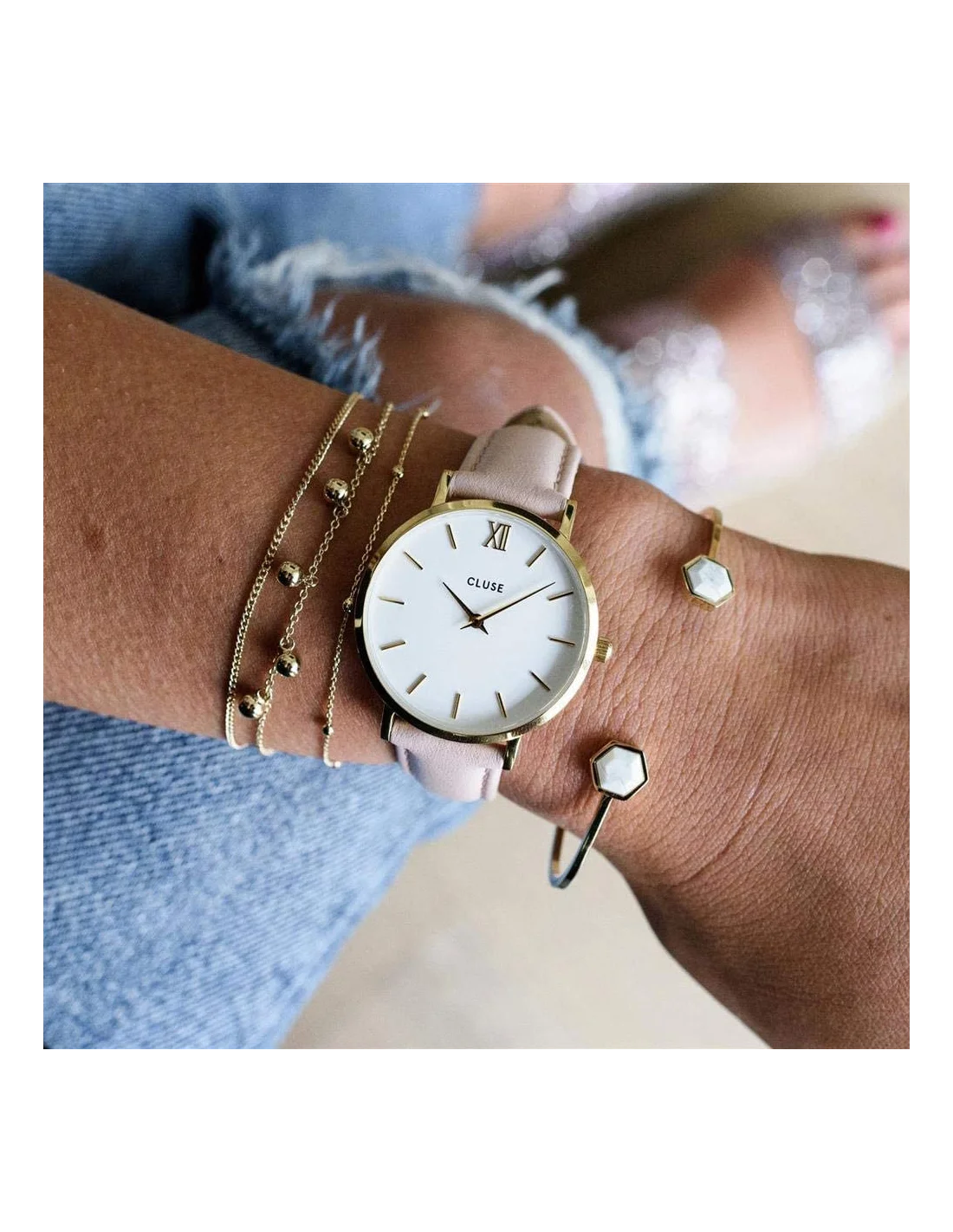 Montre Femme Cluse Minuit CL30020 Cadran Blanc Bracelet Cuir Rose vue 3