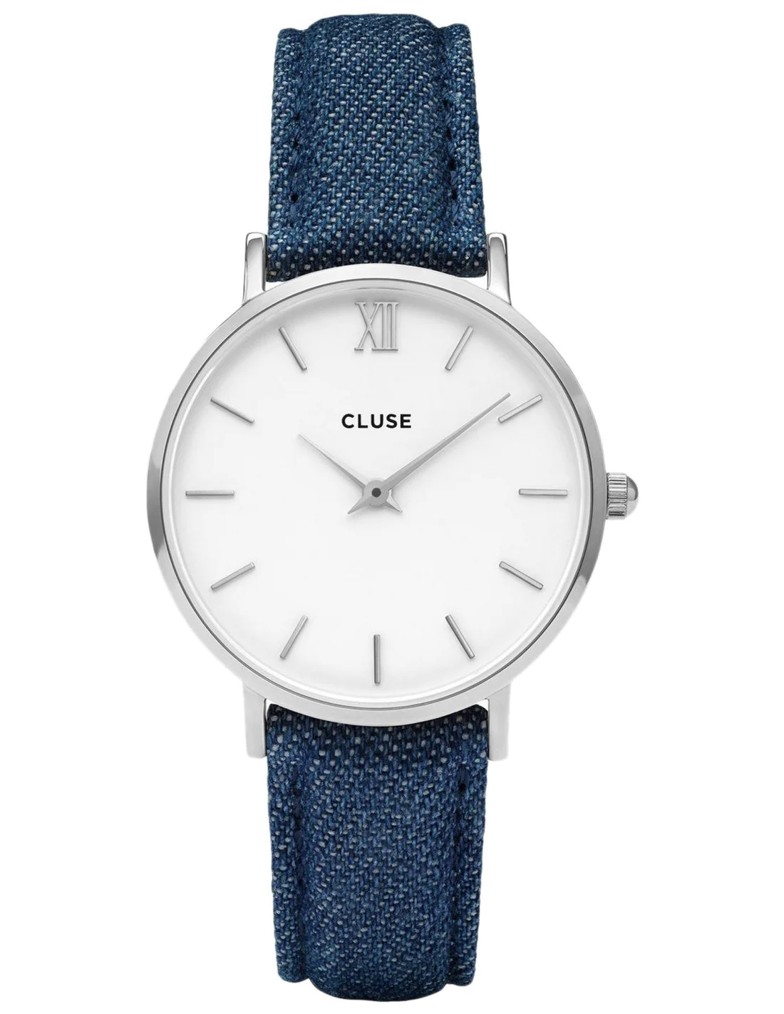 Montre Cluse Minuit CL30030, Cadran Blanc 33mm, Bracelet Cuir Denim Bleu - Unisexe
