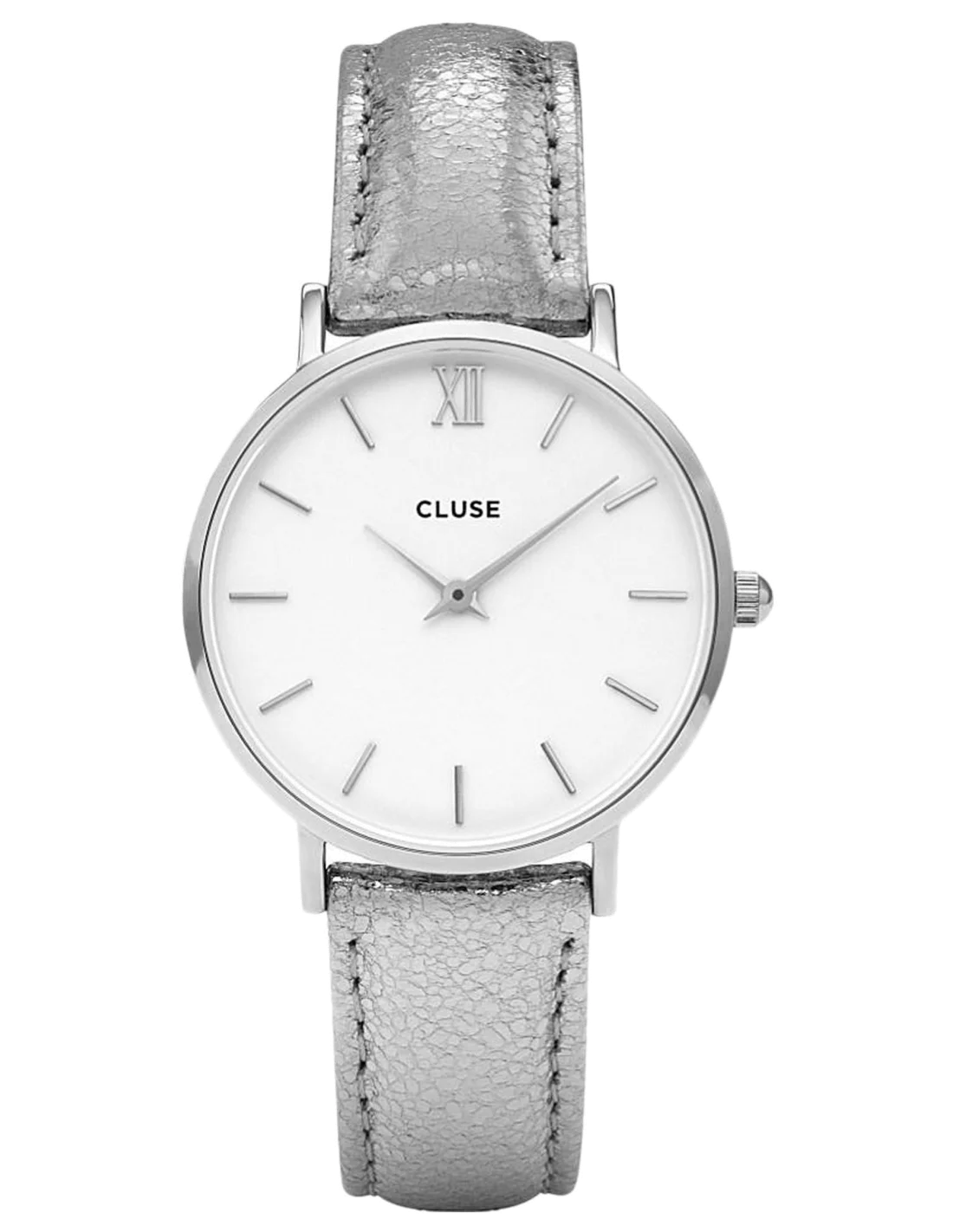 Montre Cluse Minuit CL30039 pour Femme - Cadran Blanc, Boîtier Argent, Bracelet Cuir Gris Électrique