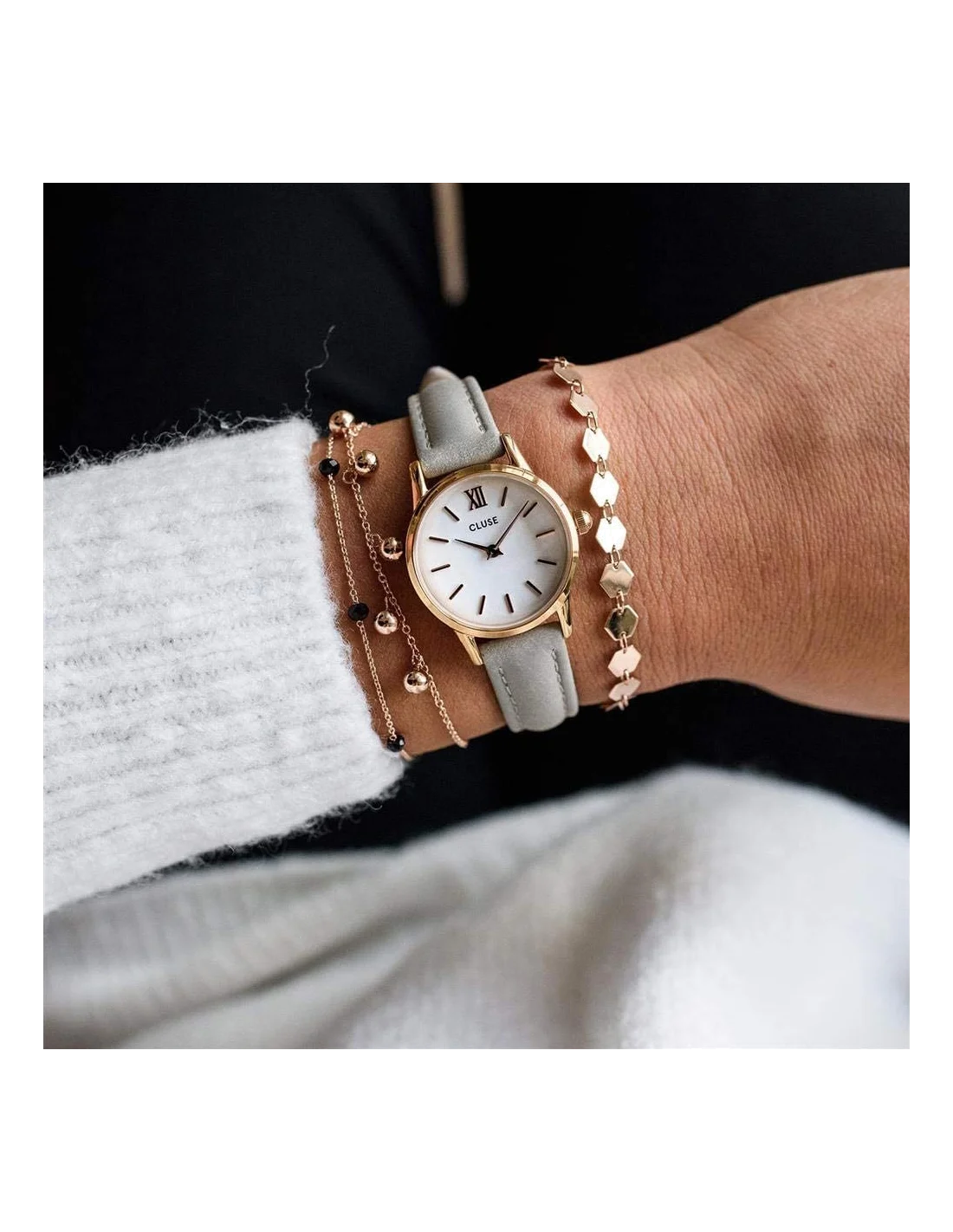 Montre Femme Cluse La Vedette CL50009 - Cadran Blanc, Bracelet Cuir Gris, Boîtier Or Rose vue 3