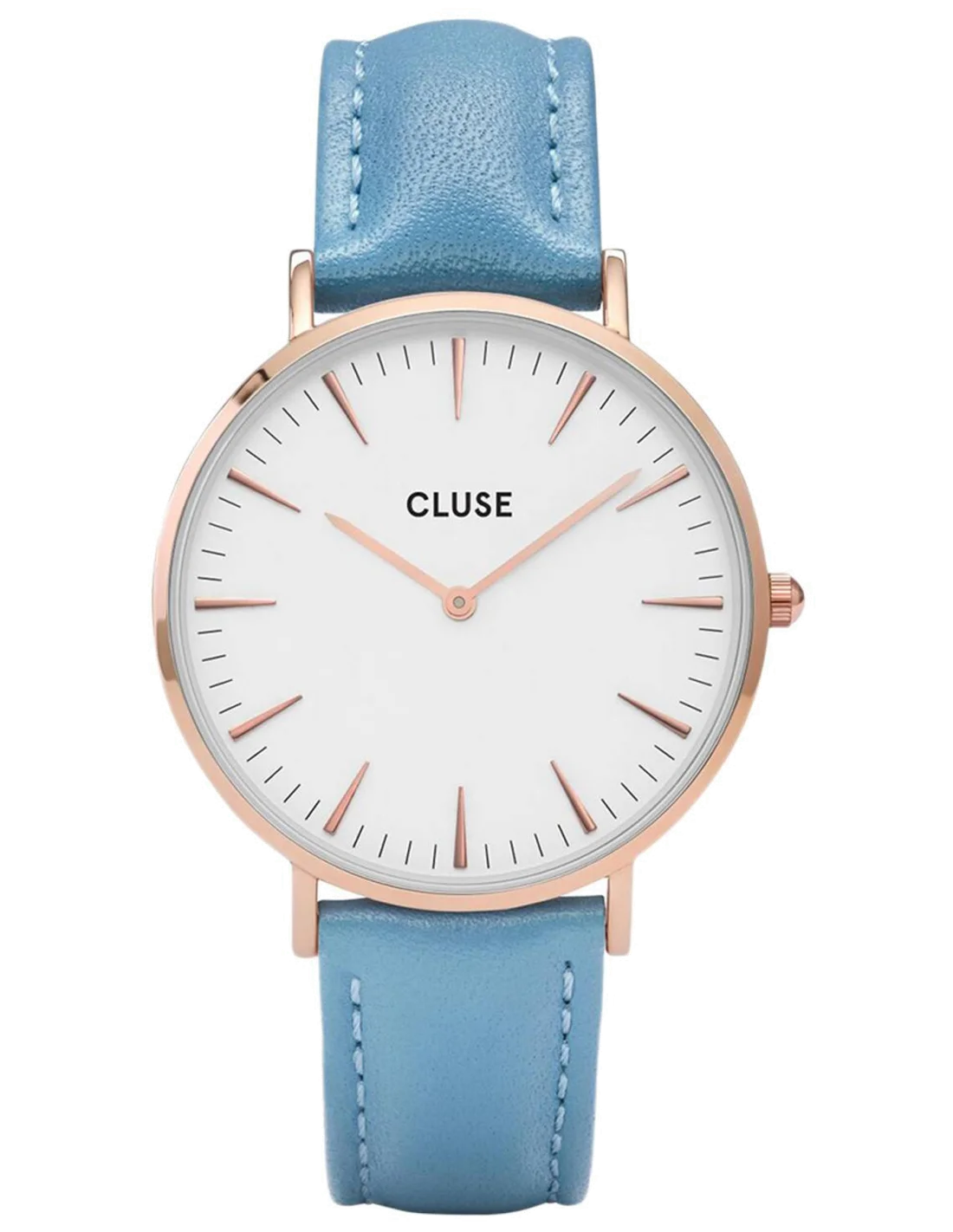 Montre Femme Cluse La Bohème CL18033 - Boîtier Or Rose, Cadran Blanc, Bracelet Cuir Bleu
