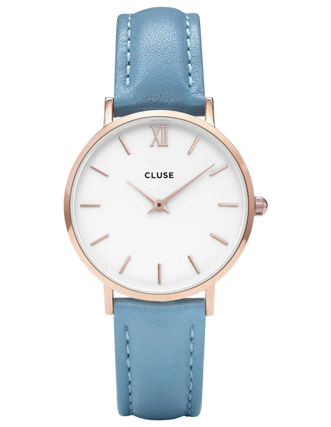 Montre Femme Cluse Minuit CL30046 - Cadran Blanc, Boîtier Or Rose, Bracelet Cuir Bleu