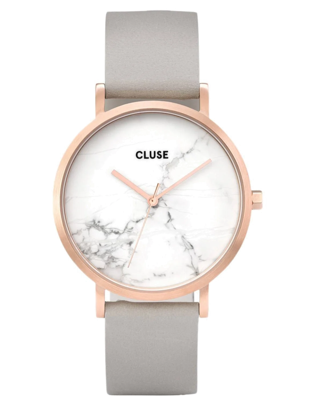 Montre Femme Cluse La Roche CL40005 - Cadran Blanc Marbré, Boîtier Or Rose, Bracelet Cuir Gris