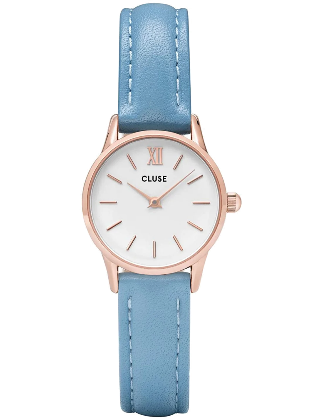 Montre Femme Cluse La Vedette CL50026 - Boîtier Or Rose, Cadran Blanc, Bracelet Cuir Bleu