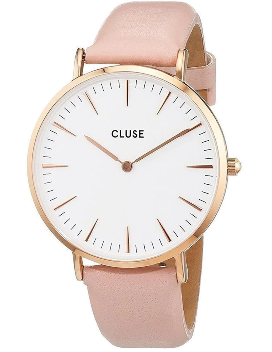 Montre Femme Cluse La Bohème CL18014 - Cadran Blanc, Boîtier Or Rose, Bracelet Cuir Rose