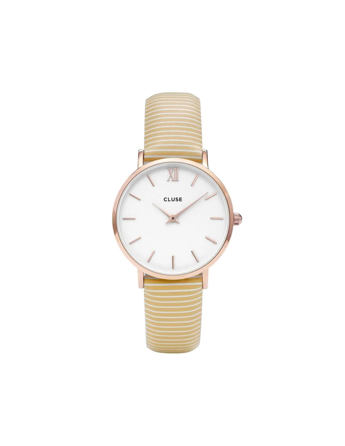 Montre Cluse Minuit CL30032 pour Femme, Cadran Blanc, Bracelet Cuir Beige à Rayures