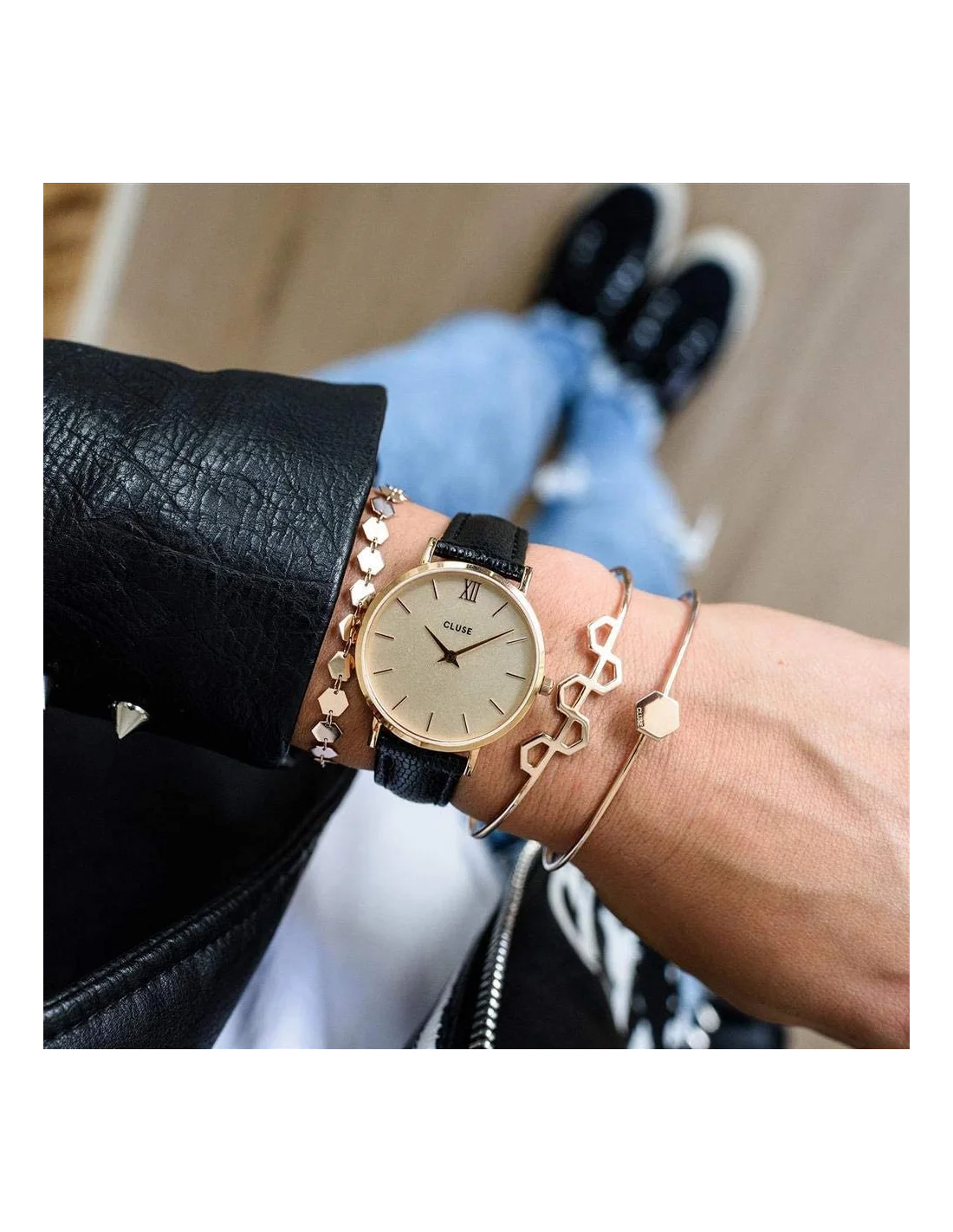 Montre Femme Cluse Minuit CL30051 - Boîtier or rose, cadran doré, bracelet cuir noir vue 3