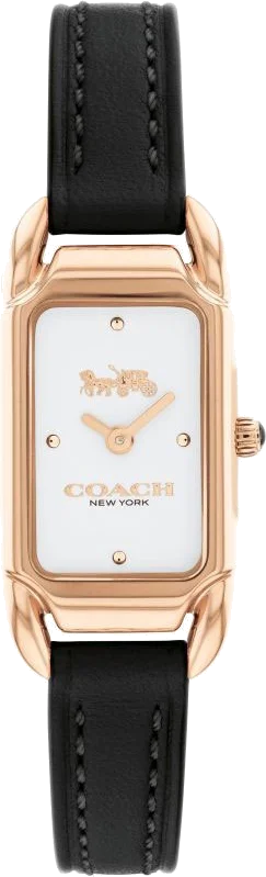 Montre Femme Coach Cadie 14504027 - Boîtier Or Rose, Cadran Blanc Rectangulaire, Bracelet Cuir Noir