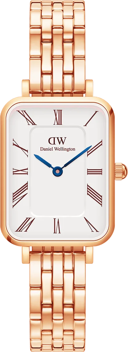 Montre Femme Daniel Wellington Quadro 109931 - Cadran Rectangulaire Blanc, Boîtier et Bracelet 5 Maillons Or Rose
