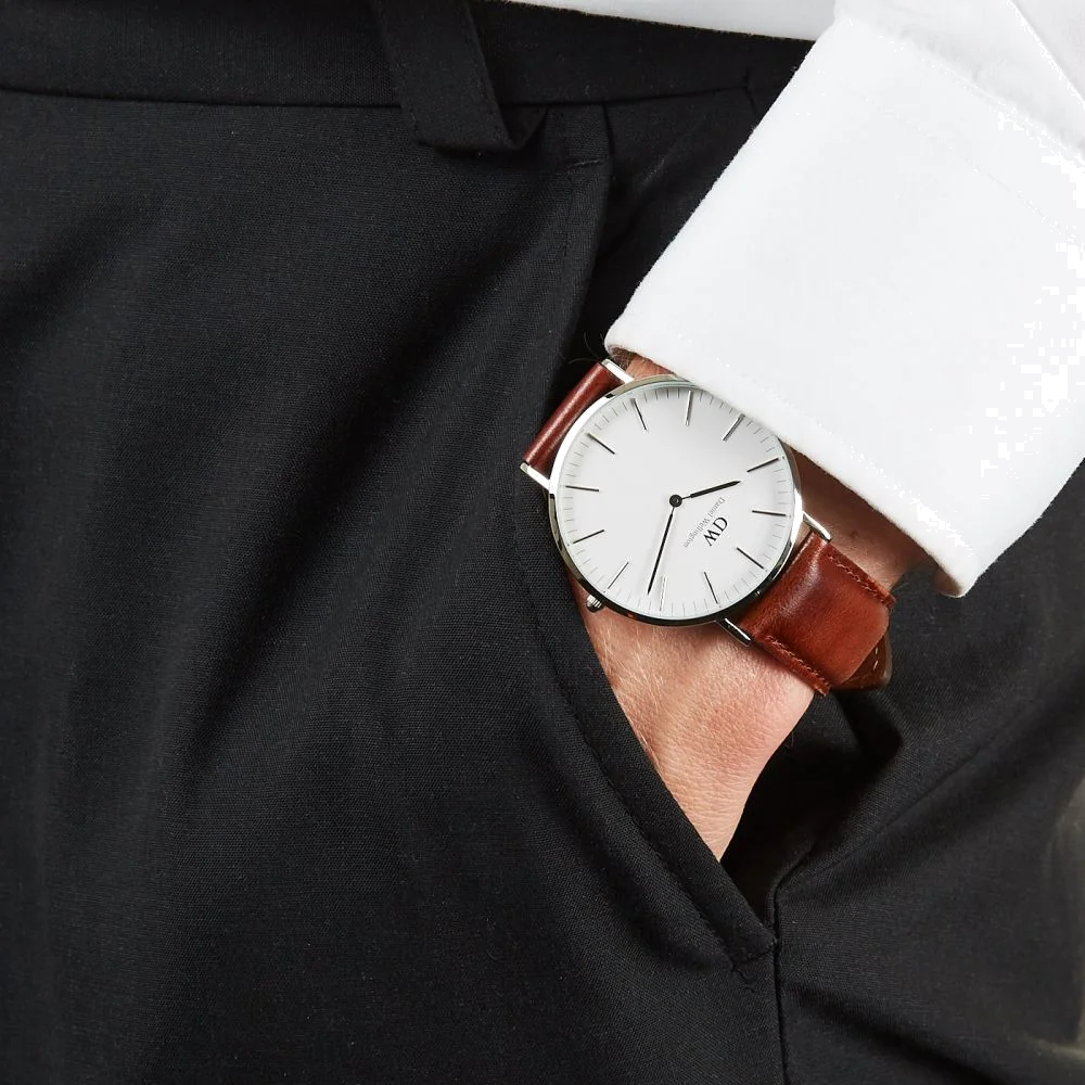 Montre Homme Daniel Wellington DW00100021 Classique Cadran Blanc Boîtier Argent Bracelet Cuir Marron vue 3