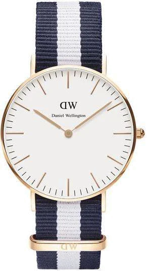 Montre Daniel Wellington Classic Glasgow DW00100031 - Cadran blanc, boîtier or rose, bracelet NATO bleu et blanc - Unisexe